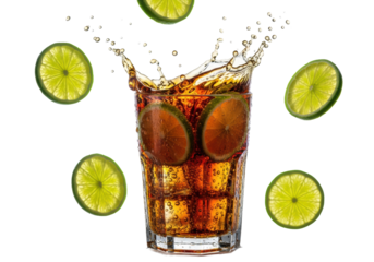 macro close-up of deep amber cola splashing from a chilled highball glass with crystal ice and neon-green lime, heavy condensation, dramatic backlighting on transparent background, concept for