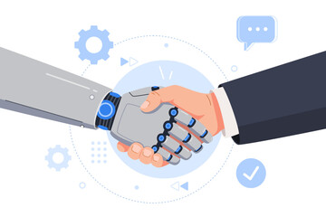 Corporate business man handshake with robot hand. Artificial Intelligent modern technology partnership collaboration concept flat illustration. 