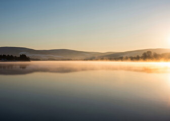 Naklejka premium 안개 낀 산에서 맞이하는 일출 풍경, A misty mountain landscape at sunrise