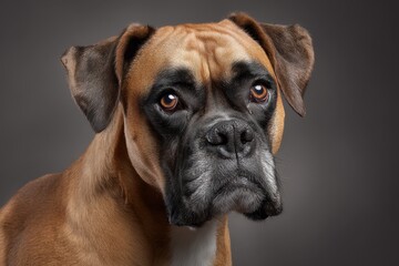 Close-up portrait of a German Boxer dog with an intense gaze against a neutral backdrop