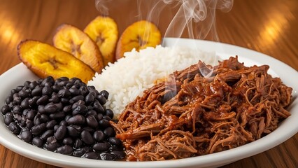 Ropa Vieja with black beans, white rice, and fried plantains, a classic Cuban dish