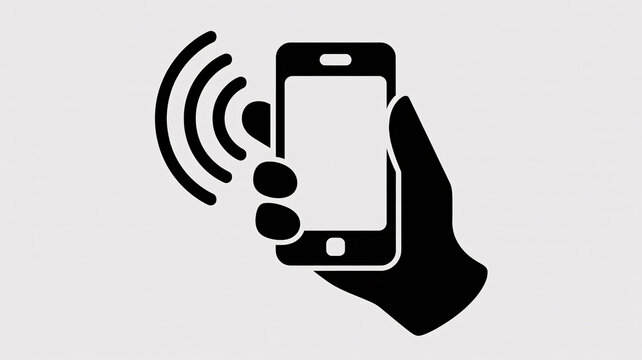 Hand holding smartphone with signal waves emitting