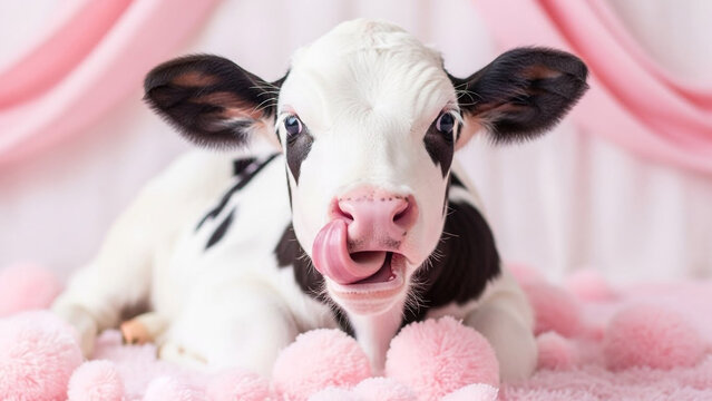 Adorable black and white calf with tongue out on pink blanket
