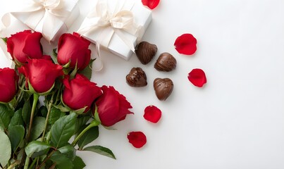 Luxurious Valentine's Bouquet, red roses and chocolate, ribbon-wrapped boxed chocolates and scattered petals Romantic and elegant composition