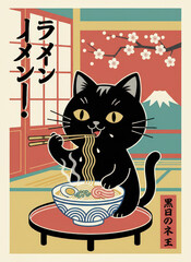 black cat eating ramen with chopsticks