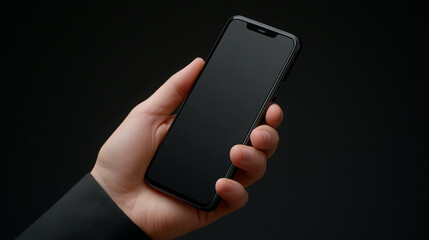 Female hand holding black smartphone business style on dark background, modern technology concept