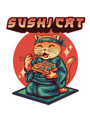 Obraz premium Funny Cat Eating Sushi in Japanese Kimono Retro Vector Illustration with Text