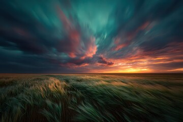 Colorful turbulence: turquoise sky with red clouds over rural fields