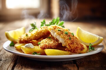 Comforting seafood dish: breaded fish and potatoes on a wooden board