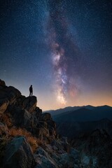 Composite night scene: figure silhouette on rugged terrain under a vast starry sky