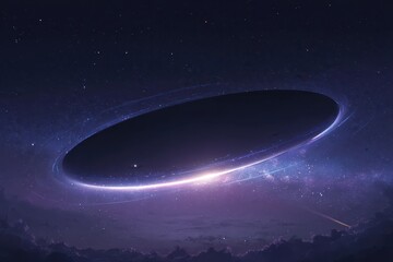 Concept illustration of a flat circular planet hovering against a starry cosmos backdrop