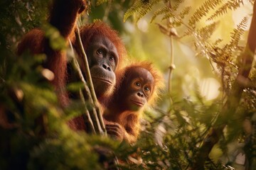 Conservation scene: wild orangutans thriving in emerald foliage and misty rainforest