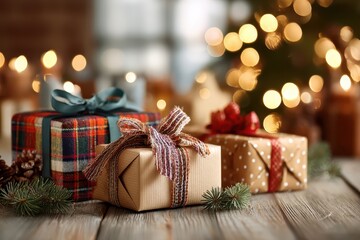 Cozy Christmas gifts with colorful ribbons on a wooden table, warm festive lighting