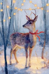 Cozy holiday deer painted in watercolor with warm, glowing light