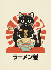 black cat eating ramen with chopsticks