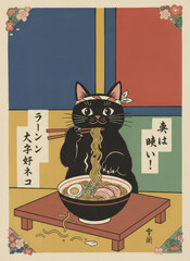 black cat eating ramen with chopsticks