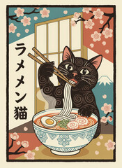 black cat eating ramen with chopsticks