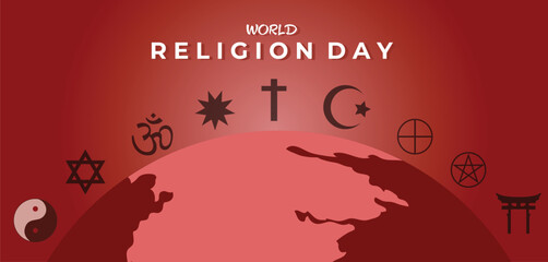 World Religion Day Celebration: Global Faith Symbols Around A Red Globe