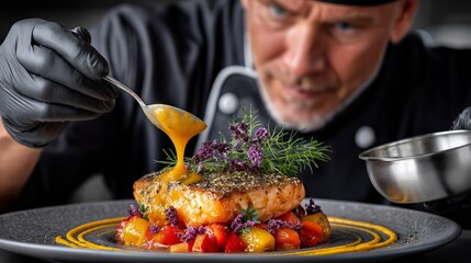 Professional chef preparing and plating an exquisite salmon meal, pouring a vibrant yellow sauce over the fish with precision, presenting a high end culinary experience