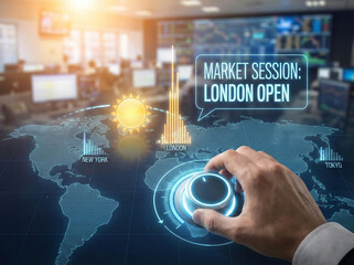 Global Financial Market Sessions Interface Showing London Open with World Map and Trading Time