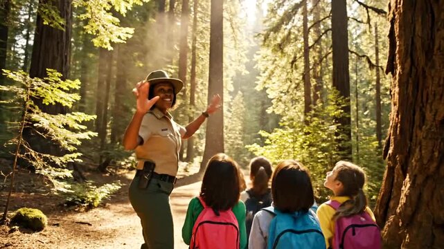 Park ranger leading a group of children on a nature walk in a forest.