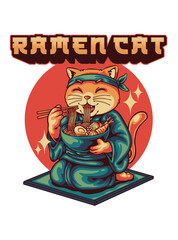 Obraz premium Funny Cat Eating Ramen in Japanese Kimono Retro Vector Illustration with Text