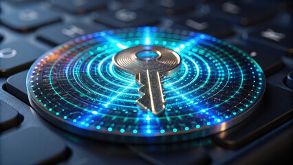 Zero trust security architecture. glowing digital key on keyboard symbolizes advanced cybersecurity