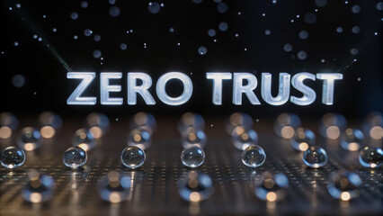 Zero trust security architecture. Zero Trust concept with glowing text and reflective spheres, symbolizing security and technology
