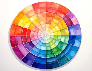 Watercolor color wheel with vibrant hues, arranged radially