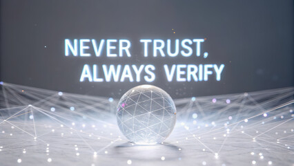 Zero trust security architecture. glowing sphere with digital lines and Never Trust, Always Verify text creates futuristic atmosphere
