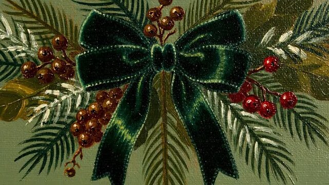 Vintage oil painting texture of green velvet bow with red berries and pine branches - Powered by Adobe