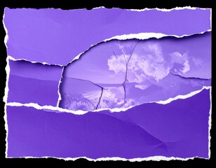 Torn purple paper revealing a cloudy sky scene