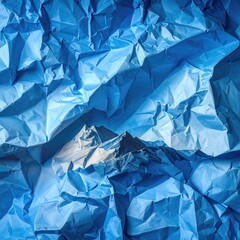 Crushed blue paper landscape with mountainous relief in the center