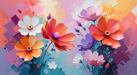 Coral, orange, pink cosmos. Expressive, textured, abstract. Bold, modern, luminous. Wallpaper, Walart, banner..