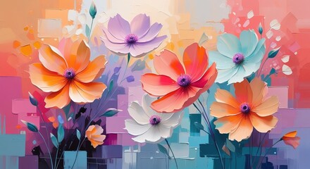 Coral, orange, pink cosmos. Expressive, textured, abstract. Bold, modern, luminous. Wallpaper, Walart, banner..