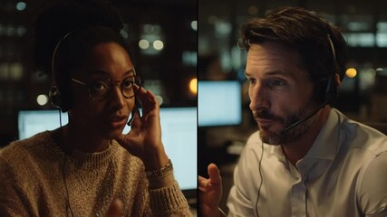 Diverse colleagues working late at night in split screen, communicating via headsets in a modern office, professional collaboration and remote teamwork for global business - Powered by Adobe