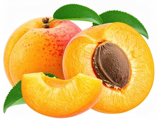 Group of apricots, one sliced to show pit, with green leaves