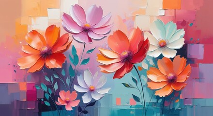 Coral, orange, pink cosmos. Expressive, textured, abstract. Bold, modern, luminous. Wallpaper, Walart, banner..