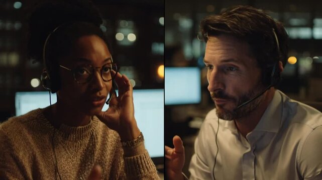 Diverse colleagues working late at night in split screen, communicating via headsets in a modern office, professional collaboration and remote teamwork for global business