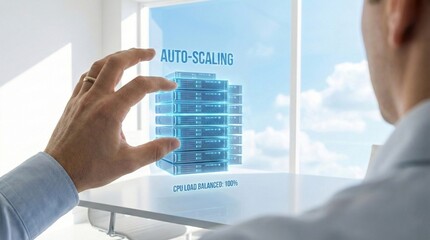 Cloud computing auto-scaling technology with holographic server rack and CPU load balancing interface