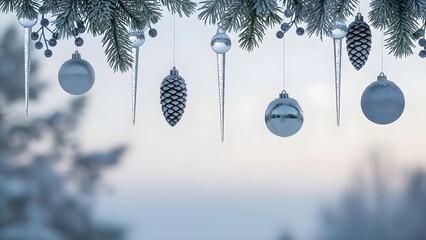 A serene winter landscape featuring minimalist Christmas decorations hanging from pine branches in a clean row, creating a peaceful festive ambiance