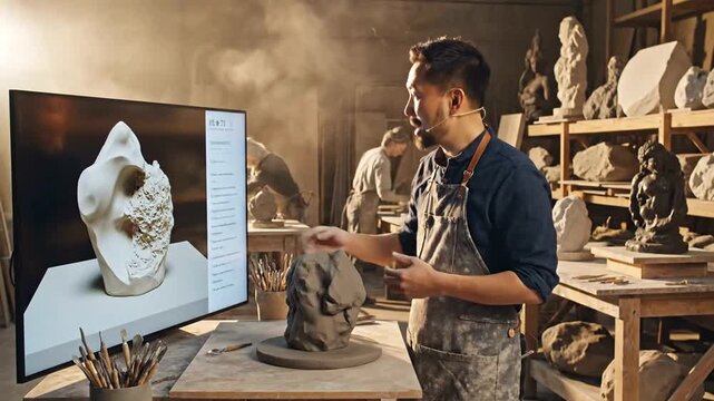 A sculptor in his workshop, working on a clay sculpture while referencing a digital image on a large screen.