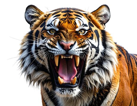 Close-up of a roaring orange and black striped feline with exposed teeth