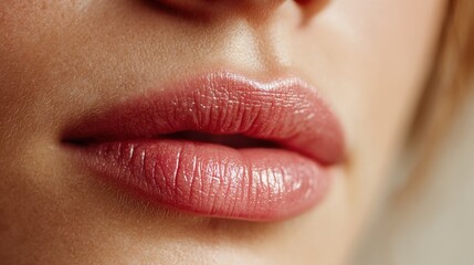 Close-up of soft, glossy lips with natural shade in warm light during a beauty routine