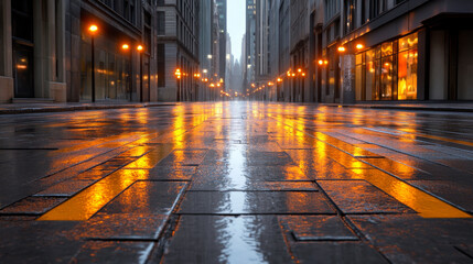 Glowing city street wet concrete reflection night urban lights downtown modern architecture