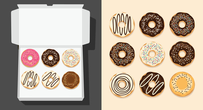 Comparison showing a box of six assorted glazed donuts next to a grid of nine individual donuts with various toppings.