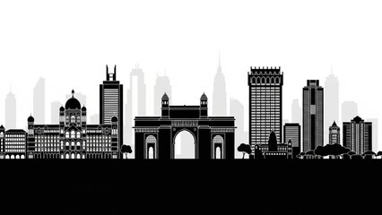 Obraz premium Black silhouette of a city skyline with famous arch and skyscrapers