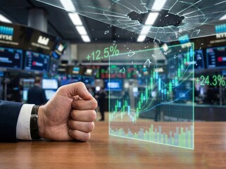 Financial Market Breakthrough with Fist on Desk and Holographic Rising Stock Charts on Trading Floor