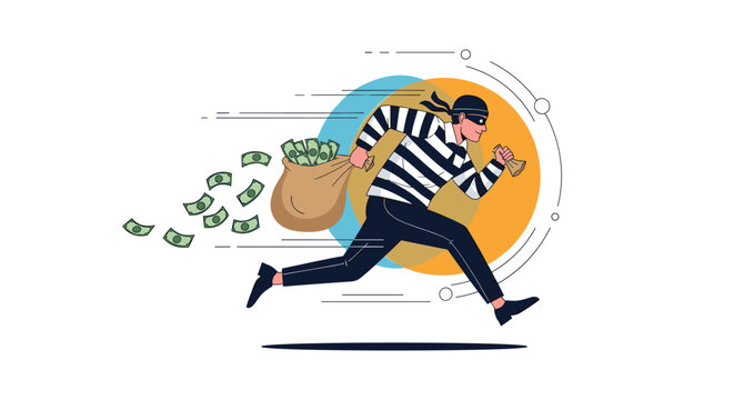 Cartoon of a masked thief in a striped shirt running away while carrying a large sack of stolen money bills and cash.