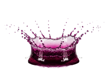 hyperrealistic macro shot of vibrant deep purple grape juice forming a sphere, crystalline droplets exploding on a transparent background with copy space. concept for beverage advertising